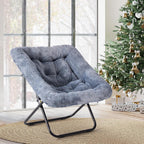 Simple Deluxe Oversized Square Moon Chair for Adults, Soft Faux Fur Folding Lounge Chair with Sturdy Steel Frame, Comfortable Reading Gaming Chair for Living Room, Bedroom, Grey