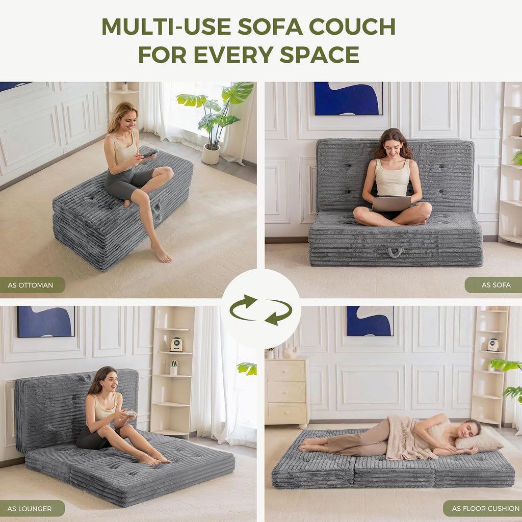 MAXYOYO Folding Sofa Couch Bed, 6 Inch Tri-Fold Floor Sofa Bed, Folding Mattress with Handles, Soft Faux Fur Folding Bed with Supportive Foam Filling, Portable Couch for Living Room, Full, Grey