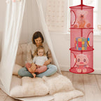 Libeder Stuffed Animal Storage Mesh Hanging Storage Space Saver Bags Organizer,Foldable Storage Organizer 3 Compartments Toy Net Storage Basket for Kids Room Bathroom 2 Sets Red