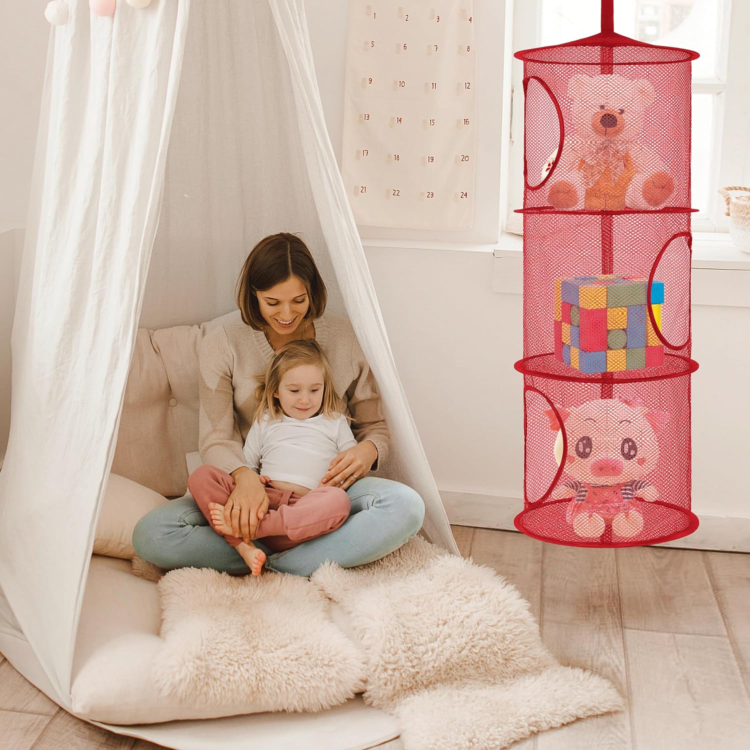 Libeder Stuffed Animal Storage Mesh Hanging Storage Space Saver Bags Organizer,Foldable Storage Organizer 3 Compartments Toy Net Storage Basket for Kids Room Bathroom 2 Sets Red