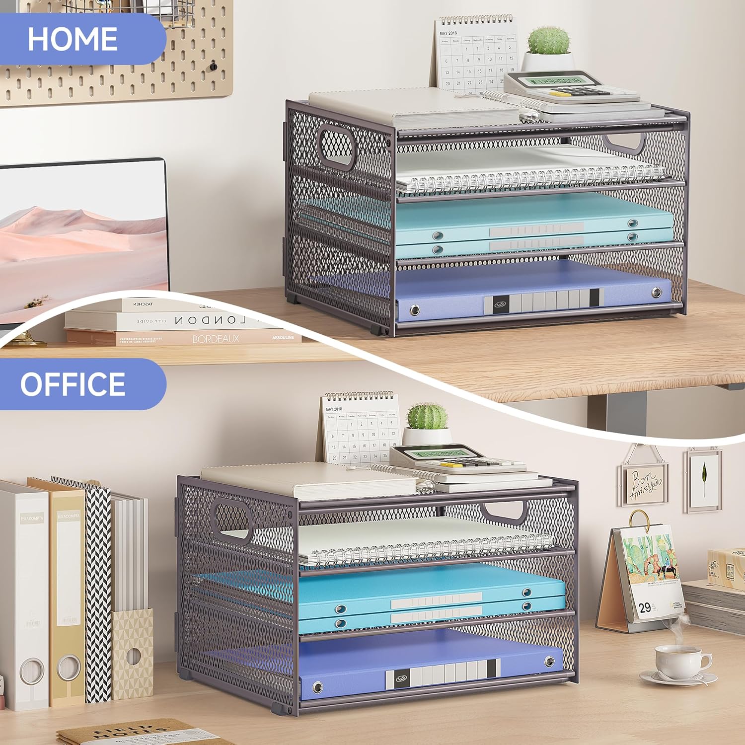 Subekyu Paper Letter Tray Organizer for Desk, Gray Metal Mesh Desk File Sorter Organizer with Handle and 2 Sliding Trays for Home Office School Supplies Organization