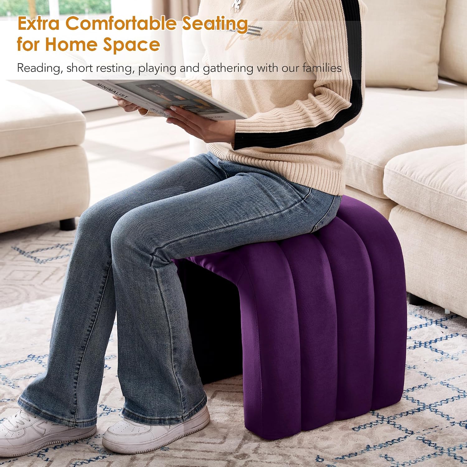 Flouki Velvet Vanity Stools, Multifunctional Arch Ottomans, Small Arch Ottoman, Ottomans for Bedroom, Dorm, Side Table Seat for Living Room, Entryway (Purple)