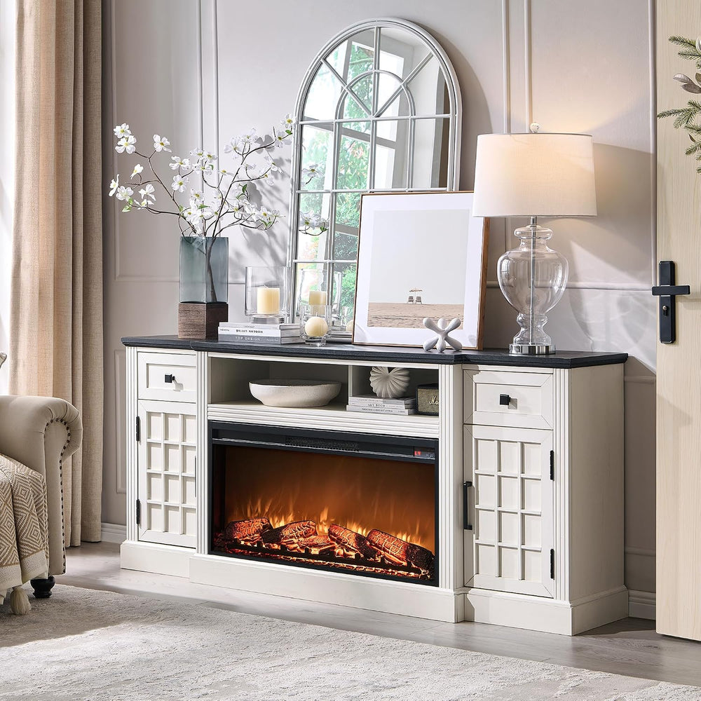 JXQTLINGMU Farmhouse 70" Fireplace TV Stand for 80" TV, Off White |...
