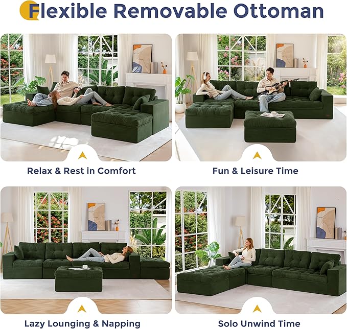 MAXYOYO 132" U Shaped Modular Sectional Sofa with 2 Ottomans, Cloud Boneless Couch with Layered Cushion, Flexible Module Combination Sofa for Living Room, No Assembly Required, Dark Green