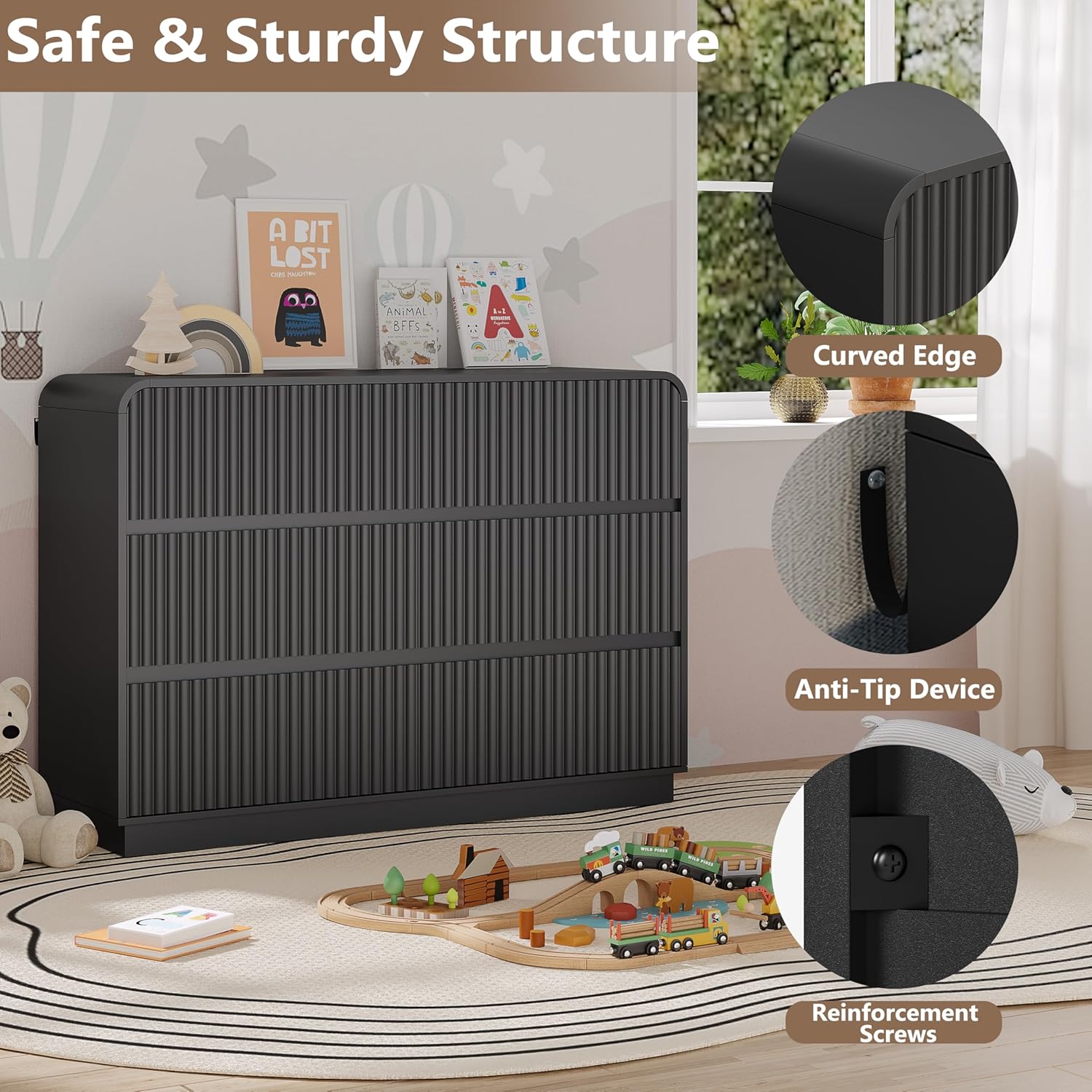 Dresser for Bedroom with 6 Drawers, Fluted Chest of Drawers with Round Curved Corner, Hidden Handles, Modern Wood Storage Organizer for Bedroom, Nursery, Living Room