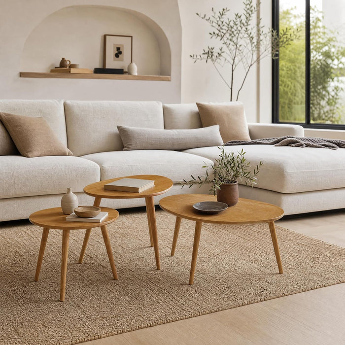 Small Oval Nesting Table, Mid Century Coffee Table for Living Room,Solid Oak Wood End Tables,Triangle Tabletop with 3 Legs,Minimalist Display Living Tables (Original Wood Color, 3 Pieces)