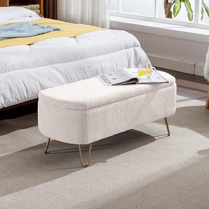 Storage Ottoman for End of Bed with Gold Legs, Modern Faux Fur Entryway Bench,for Living Room，Bedroom，End of Bed,Ivory White