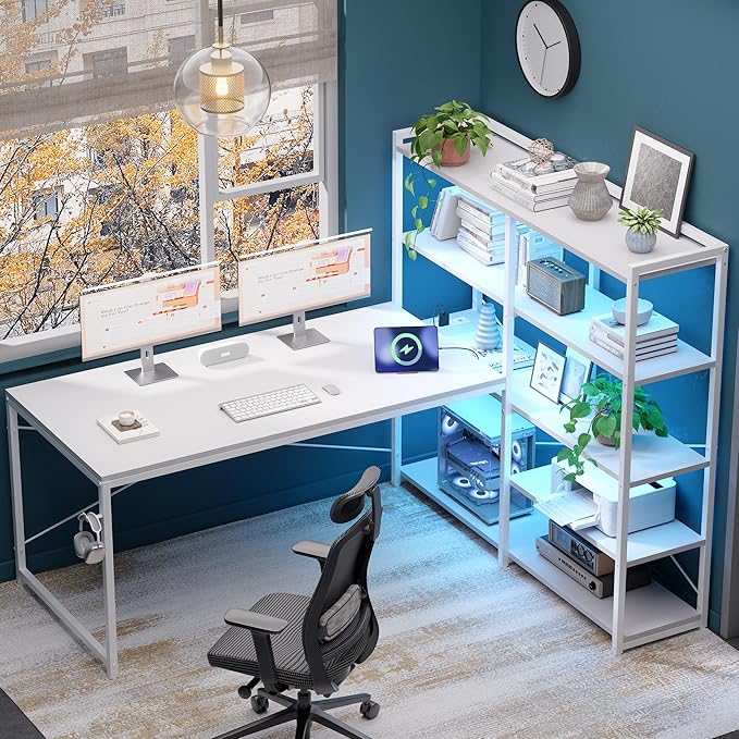 Pamray L Shaped Computer Desk with Reversible Side Storage Shelves, 49 Inch Gaming Desk with Power Outlets and Led Lights, PC Table for Home Office and Bedroom White