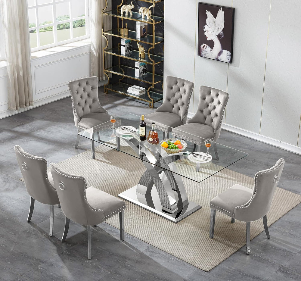 70'' Modern Glass Dining Table for 4-8 People, High Gloss Stainless S...