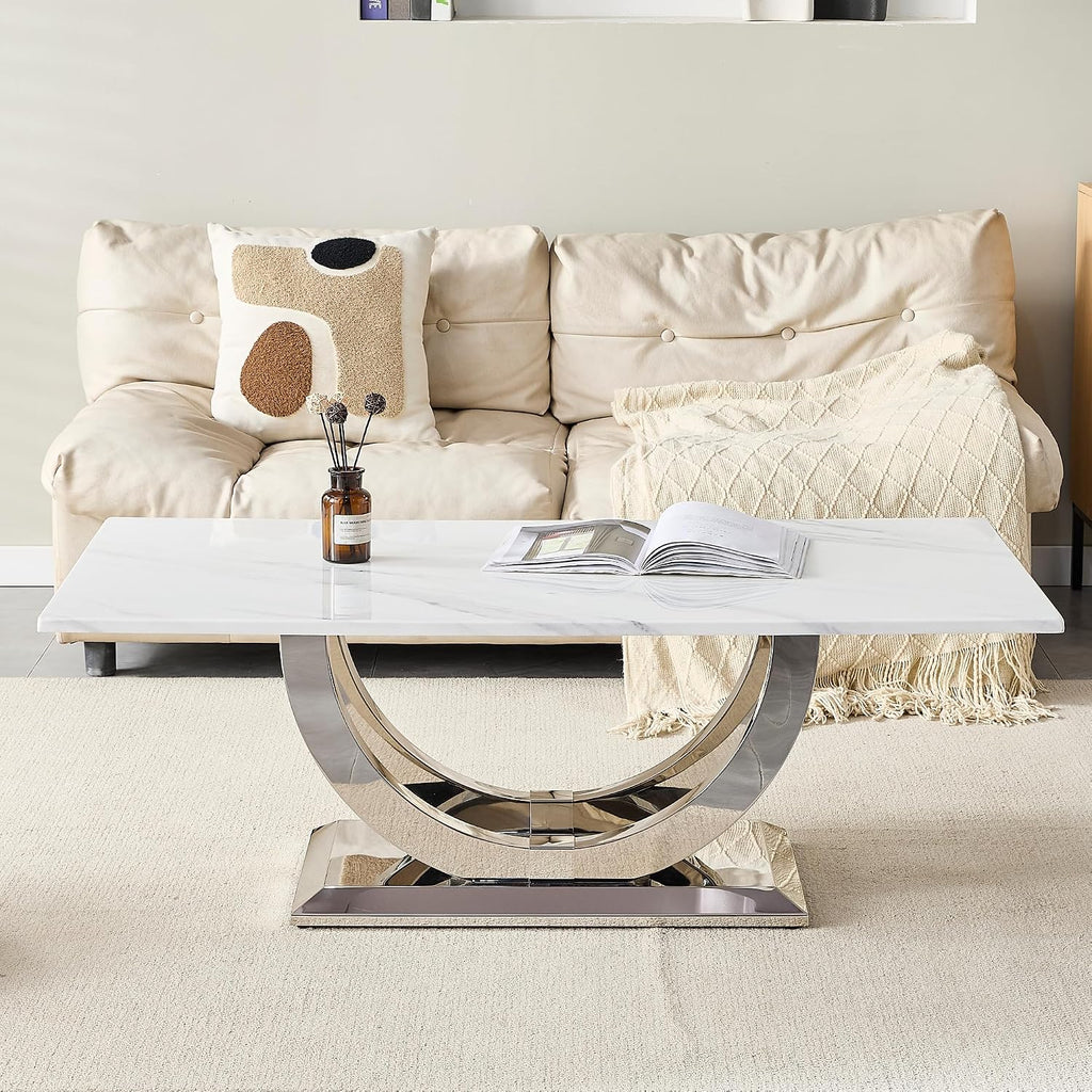 Henf Modern 50" Coffee Table White Faux Marble Center Table with Silver Mirrored Stainless Steel Base, Luxury Accent Sofa Table for Living Room Apartment (White & Silver)