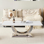 Henf Modern 50" Coffee Table White Faux Marble Center Table with Silver Mirrored Stainless Steel Base, Luxury Accent Sofa Table for Living Room Apartment (White & Silver)
