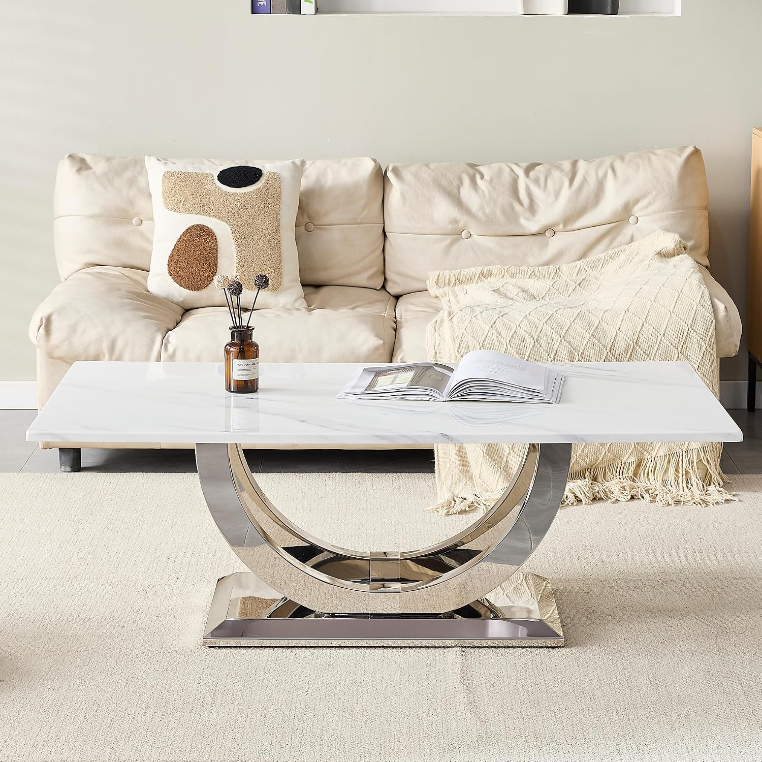 Henf Modern 50" Coffee Table White Faux Marble Center Table with Silver Mirrored Stainless Steel Base, Luxury Accent Sofa Table for Living Room Apartment (White & Silver)