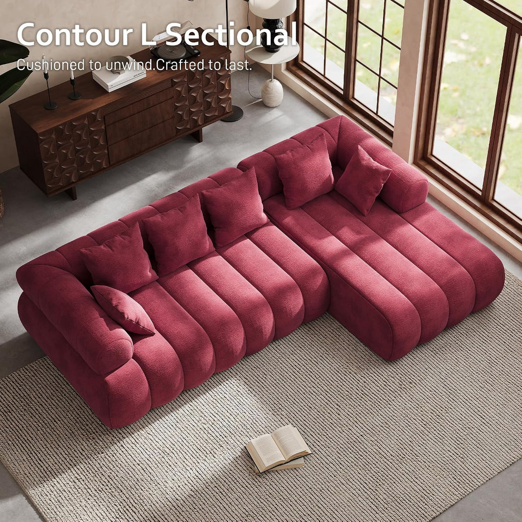 111" Modern Boneless Couch, Chenille Modular Cloud Couch for Living Room, Deep Seat Sectional Sofa with Chaise Lounge, No Assembly Required, Red