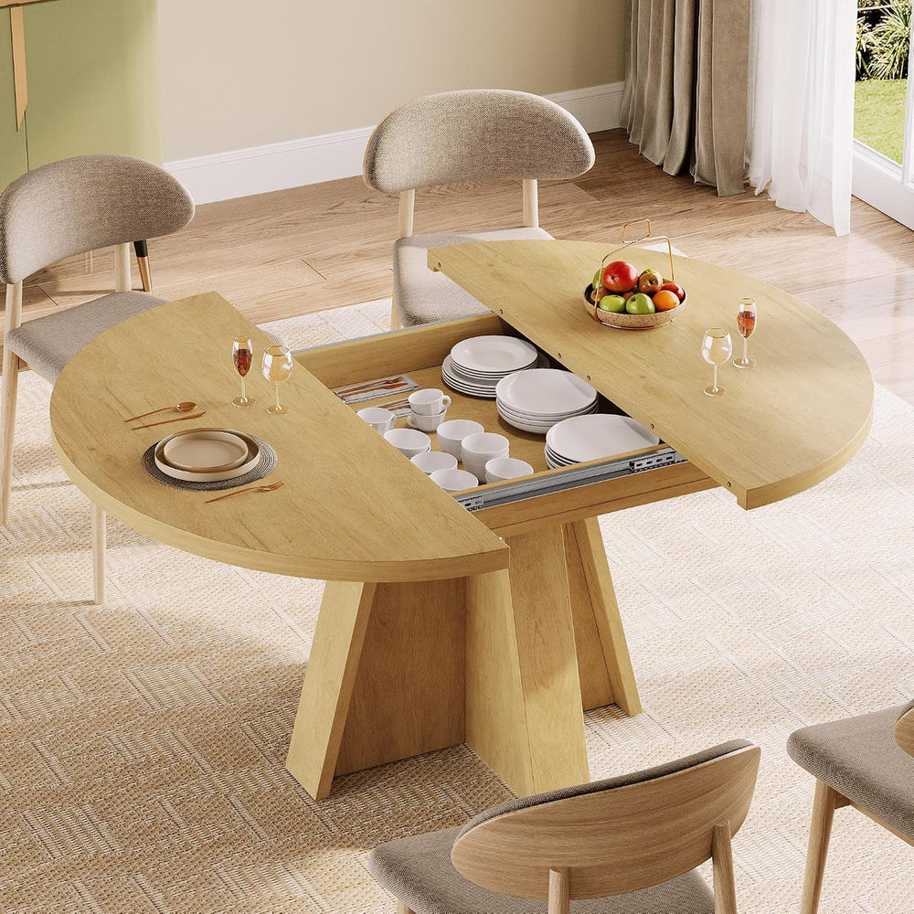 iPormis 43.3in-59in Extendable Round Dining Table for 4-6, Modern Wooden Kitc...