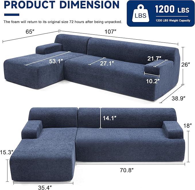 107" Modular Sectional Cloud Couch, Boneless couches Sponge sectionals for Living Room, High Density Sponges Sofa, Modular L-Shape with Chaise, Blue