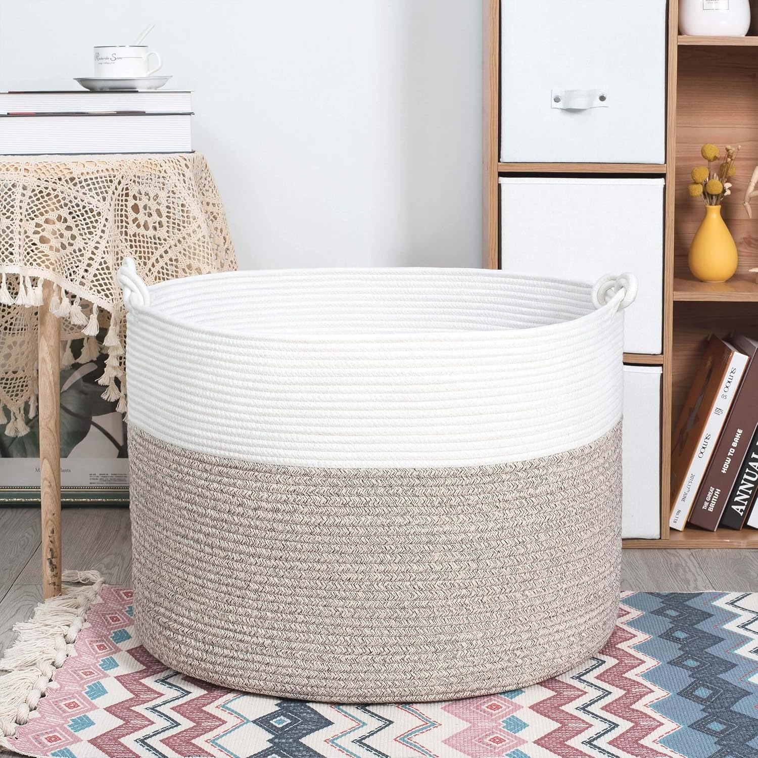 MINTWOOD Design Extra Large 22 x 16in Decorative Woven Cotton Rope Blanket Storage Basket Bin Living Room with Handles and Laundry Hamper for Pillows, Pool Towels, Dog Toys, Shoes, Light Brown