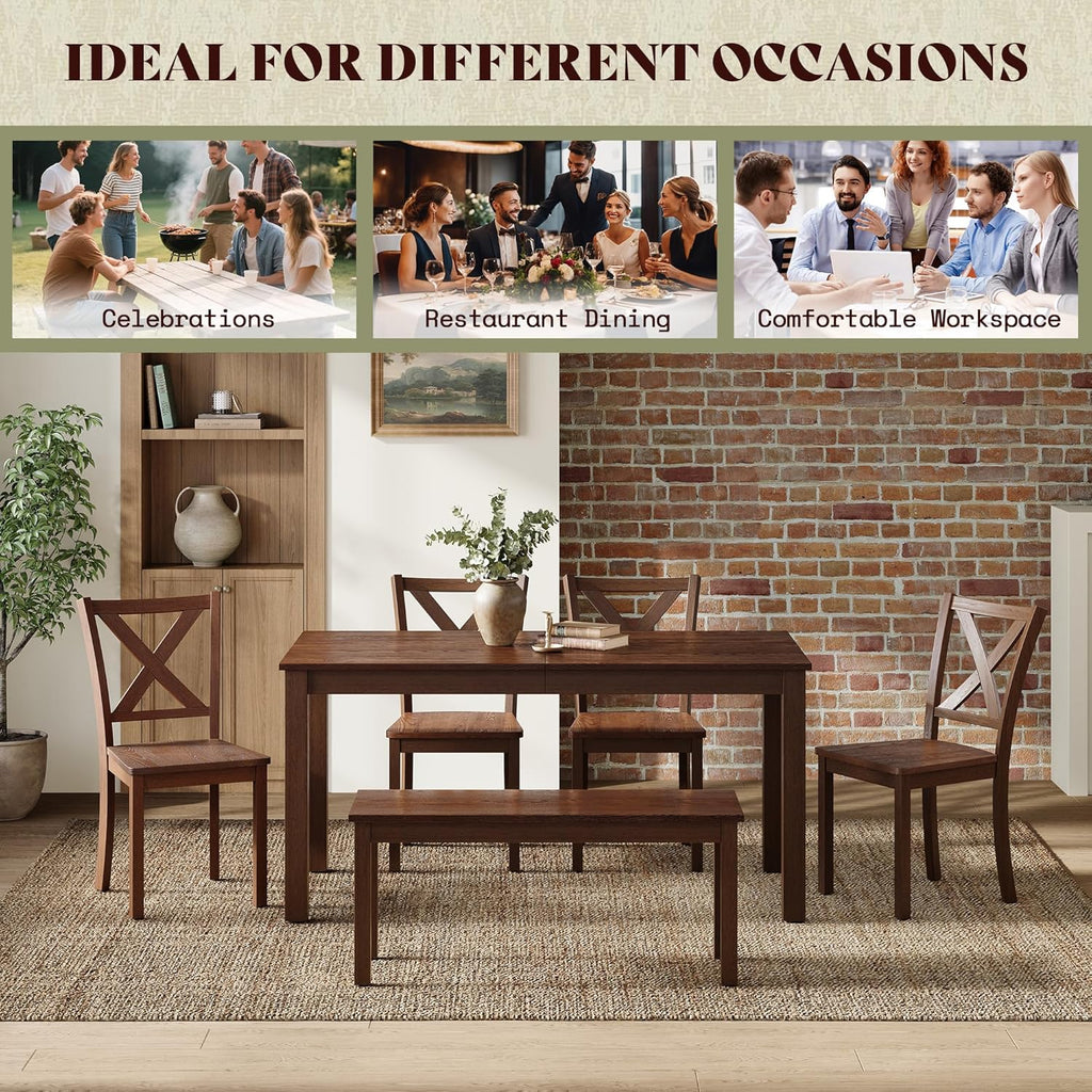 AMERLIFE 6-Piece Farmhouse Dining Table Set, 59" Wooden Kitchen Table with 4 Chairs and Bench, Space-Saving Rustic Dining Room Set for 6, Walnut