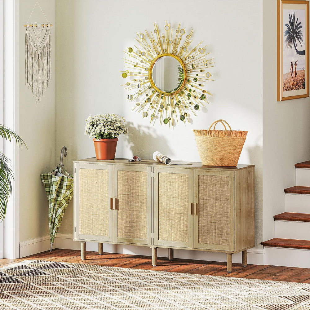 HOMCOM Sideboard Buffet Cabinet, 62" Boho Buffet Table, Rattan Coffee Ba...