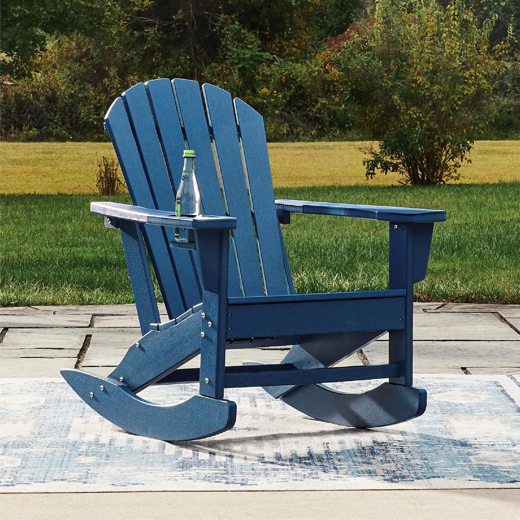Signature Design by Ashley Sundown Treasure Adirondack Rocking Chair, Blue | Weather resistant HDPE, Integrated armrest cup holder, Heavy-duty 51-pound base, Rust-resistant stainless steel hardware