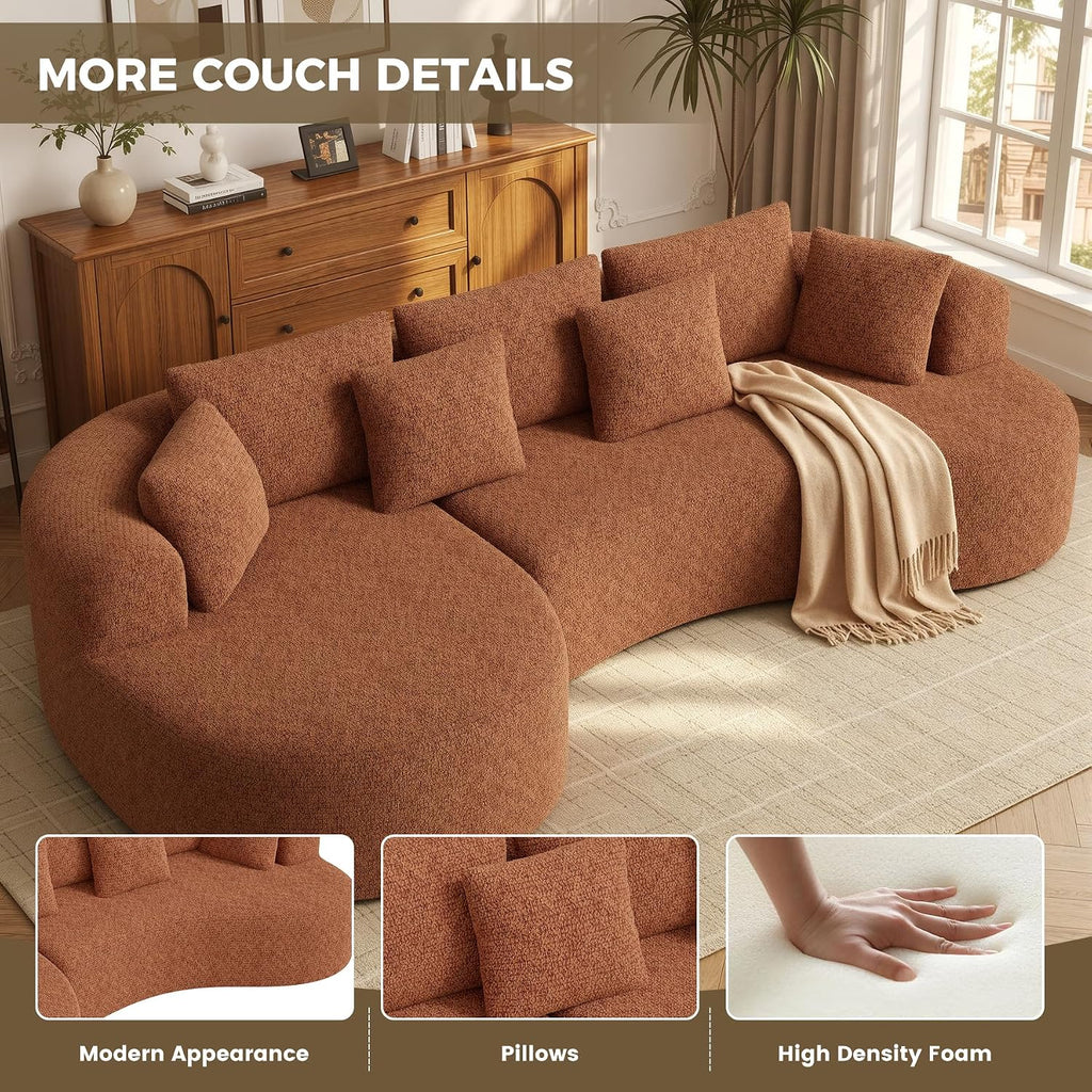126" Oversized Curved Sectional Sofa for Living Room, Boneless Modern Couch with Chaise, Cloud Couch with 7 Pillows, No Assembly, Caramel 1PCS