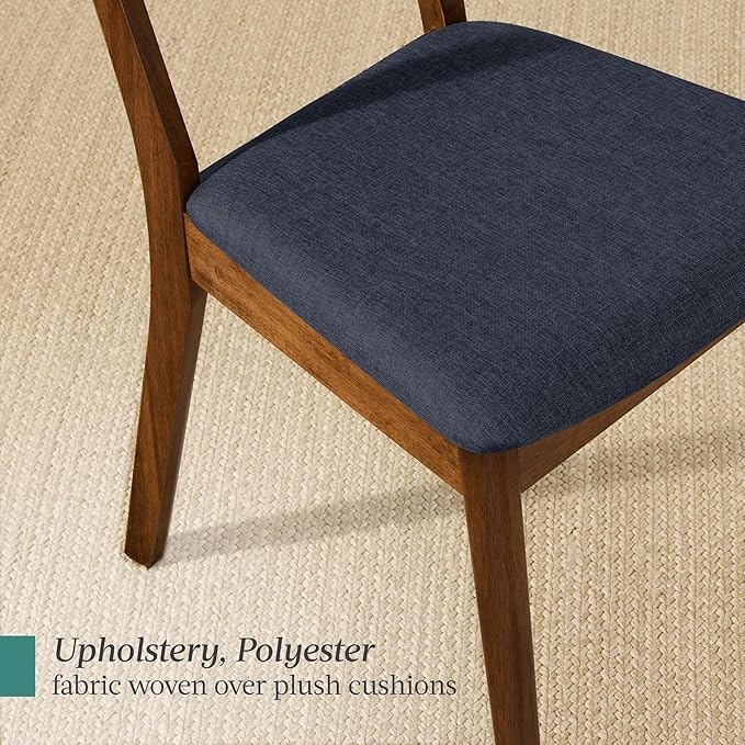 Best Choice Products Dining Chairs Set of 2, Mid-Century Modern Upholstered Wood, Armless w/Seat Cushion, Padded Backrest - Walnut/Navy Blue