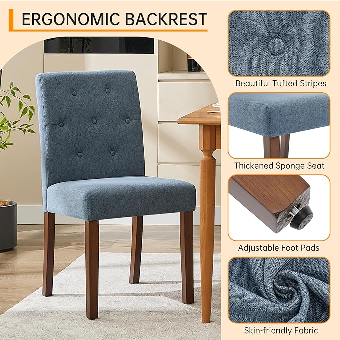 Upholstered Dining Chairs Set of 2, Button Tufted Parsons Chairs with Wood Legs and Padded Seat, Modern Fabric Side Chairs for Dining Room Kitchen Farmhouse Hotel, Blue