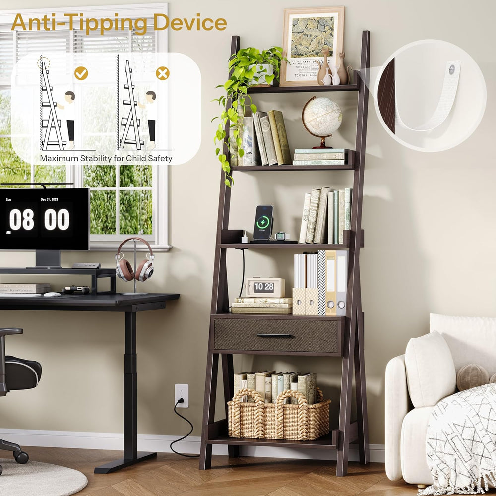 DynJest 5-Tier Bookshelf with Drawer, 70" Tall Ladder Shelf with Power O...