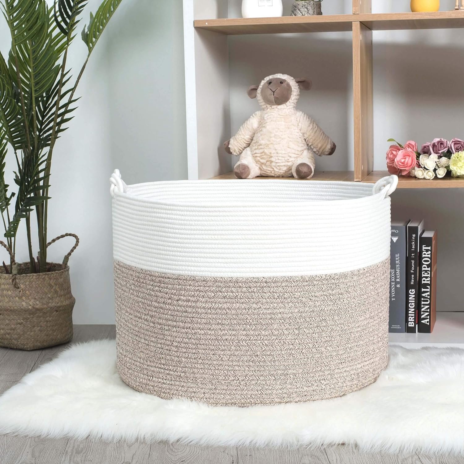 MINTWOOD Design Extra Large 22 x 16in Decorative Woven Cotton Rope Blanket Storage Basket Bin Living Room with Handles and Laundry Hamper for Pillows, Pool Towels, Dog Toys, Shoes, Light Brown