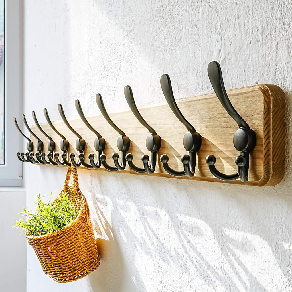 Dseap Coat Rack Wall - Heavy-Duty 38-1/4" Long, with Reinforced 10 Custom Tri-Hooks, Solid Wood Wall Hanger for Coats Hat Jackets - Rustic Farmhouse Entryway Hallway Storage, Weathered Brown & Black