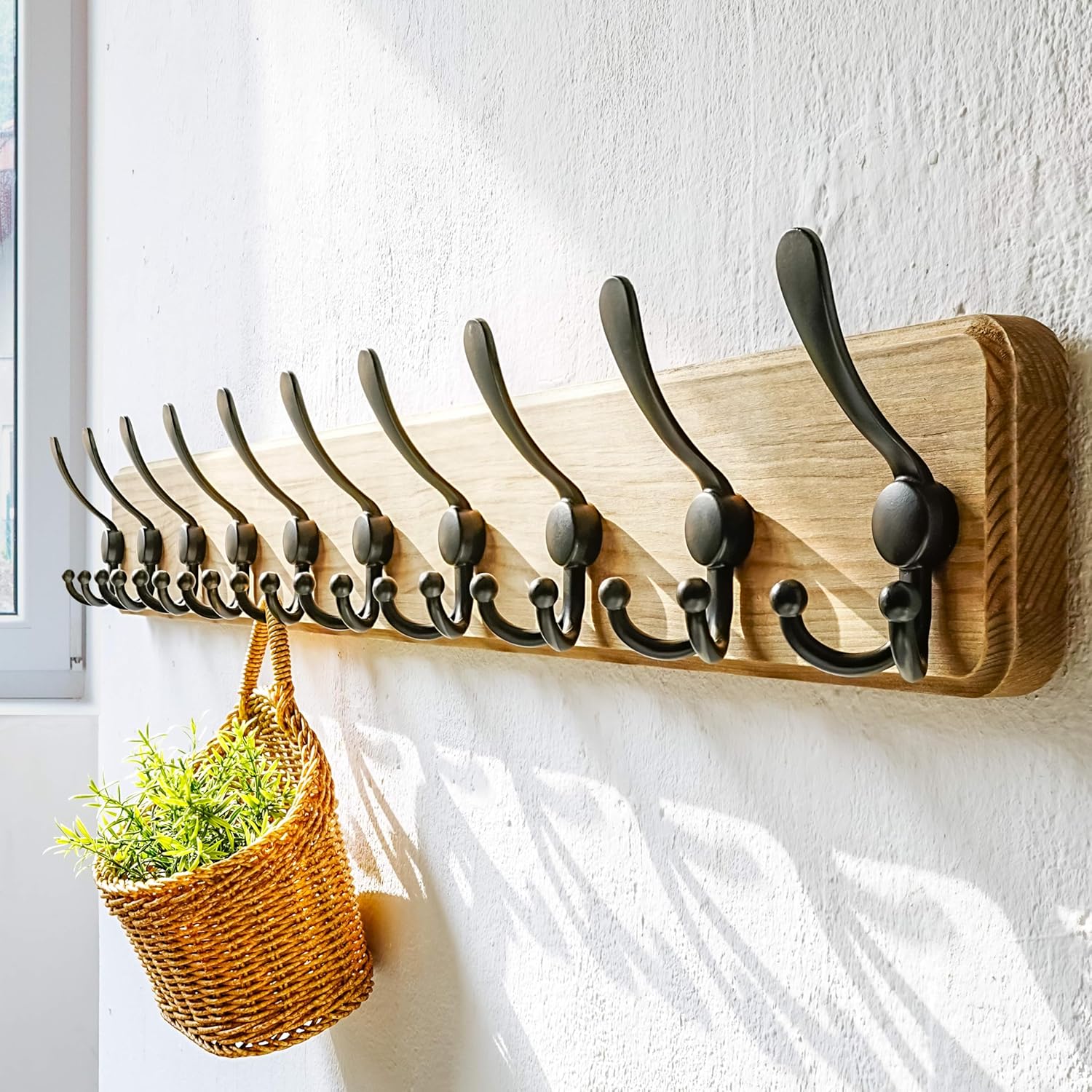 Dseap Coat Rack Wall - Heavy-Duty 38-1/4" Long, with Reinforced 10 Custom Tri-Hooks, Solid Wood Wall Hanger for Coats Hat Jackets - Rustic Farmhouse Entryway Hallway Storage, Weathered Brown & Black