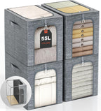 GoMaihe Clothes Storage Bins Metal Frame: 55L Extra Large Stackable Closet Storage Bin with Lid & Clear Window, Heavy Duty Blanket Box for Winter Coats Comforters (Fits Deep Closet 4-Pack)