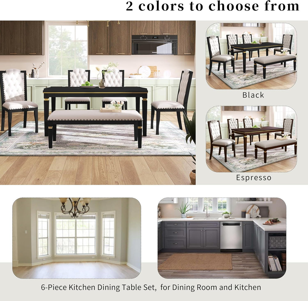LUMISOL 6-Piece Farmhouse Dining Table Set, 60” Solid Wood Table, 4 Upholster...