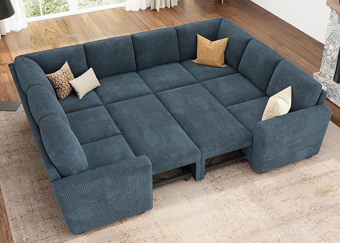 HONBAY Modular Sectional Couch with Pull Out Bed, Corduroy Sleeper Sofa with Storage Seats, U Shaped Sectional Couches for Living Room, Blue
