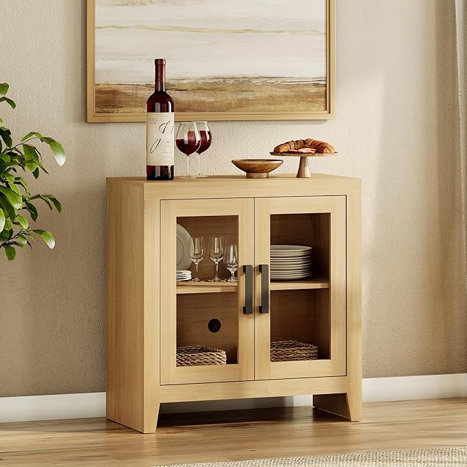 WAMPAT Farmhouse TV Stand for TVs up to 50”, Rustic Wood Entertainment Center with Adjustable Shelf, Glass Doors & Storage, Media Console Cabinet for Living-Room, Bedroom, Oak