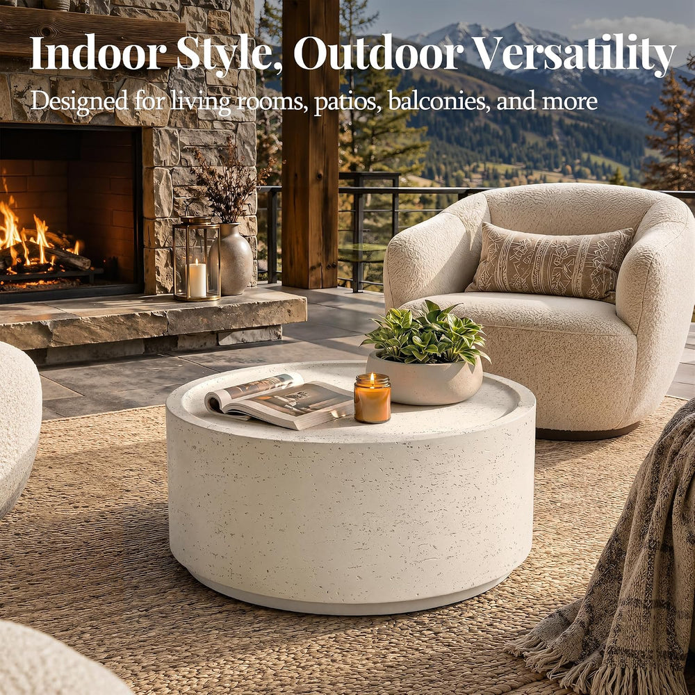 Patio Watcher 28" Round Coffee Table, Travertine Look, Off-White