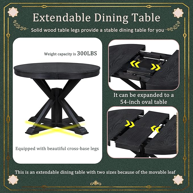 SogesPower 5-Piece Retro Dining Table Set, Round Farmhouse Kitchen Table Set for 4, Space-Saving Kitchen Table Set with Extendable Table and 4 Upholstered Chairs for Dining Room Living Room,Espresso