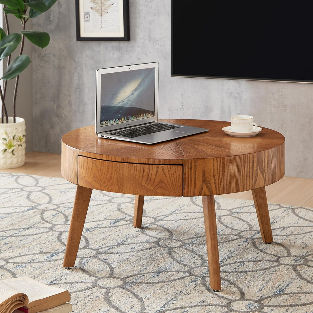Round Wood Coffee Table for Living Room, Modern Farmhouse Table with Drawer, ...