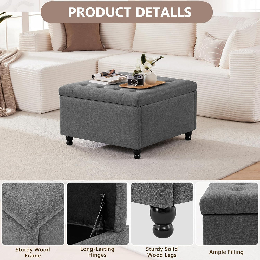 28" Large Square Ottoman with Storage, Fabric Ottoman Coffee Table, Grey...