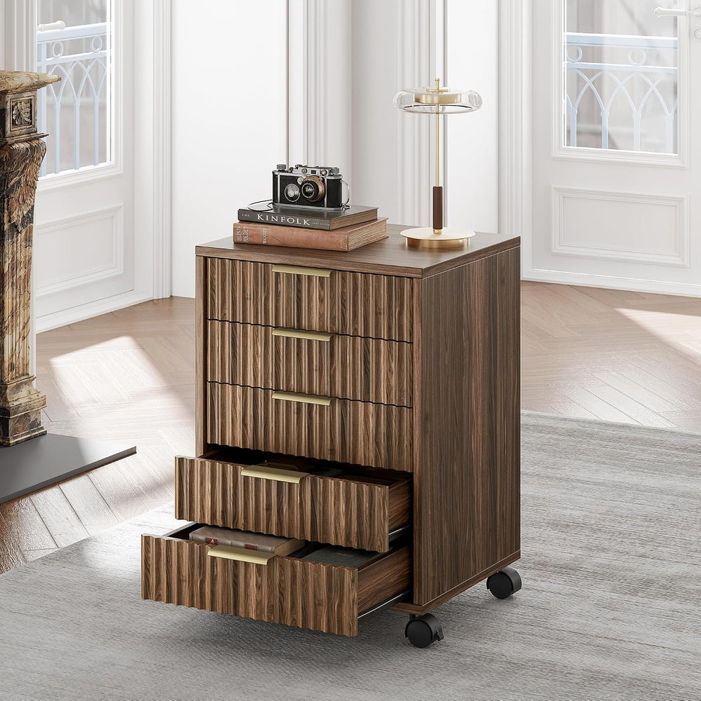 5 Drawer Chest, Under Desk Storage Wood Drawers with Wheels, Fluted File Cabi...