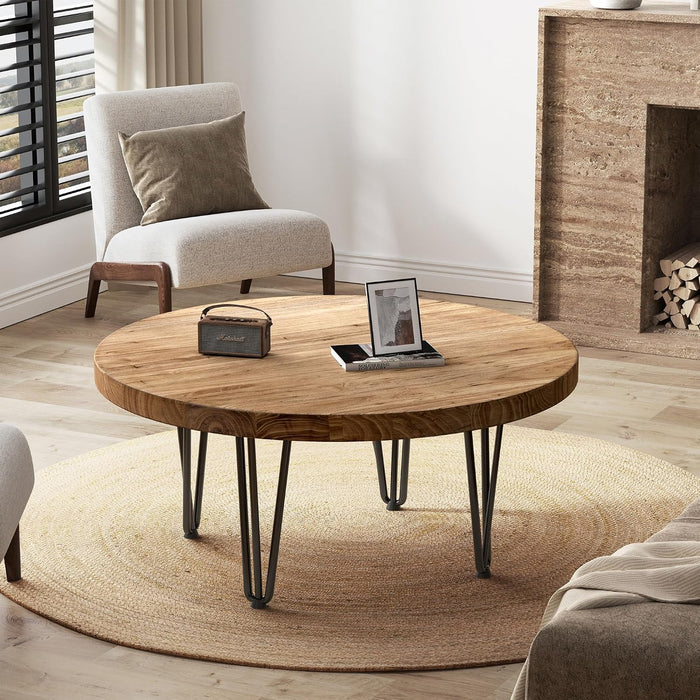 FLYJOE Rustic Wood Round Coffee Table with Metal Legs, Solid Elm Wood Top and Non-Slip Feet Pads - Farmhouse Style for Living Room, Natural
