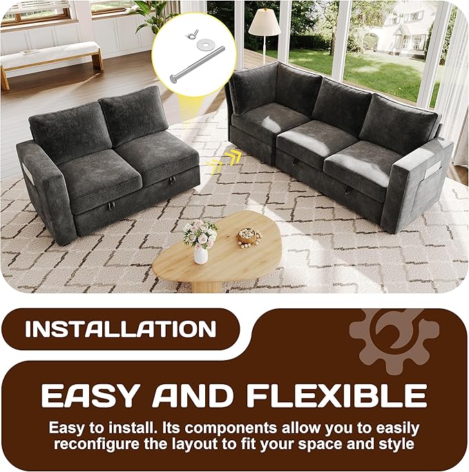 83.5" Sectional Sleeper Sofa with Pull Out Couch, Modern 5 Seat L Shaped Modular Couch, Sectionals Modular Sofa with Storage, Comfy Sectional Couches for Living Room & Apartment, Dark Gray
