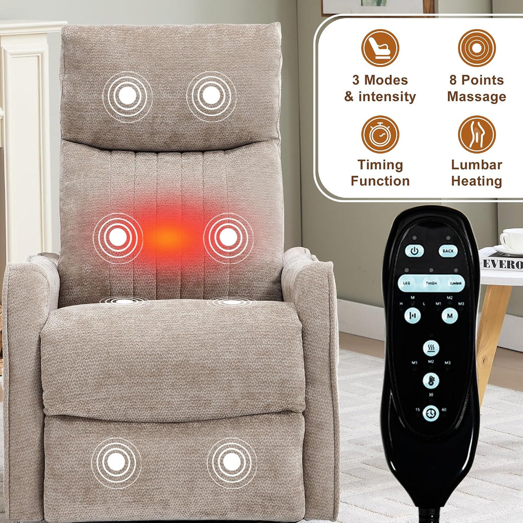 cinkehome Swivel Rocker Recliner, Glider Rocker Recliner Chair for Nursery, Manual Reclining Chair with Heated Massage, Small Spaces, Living Room, Khaki Chenille