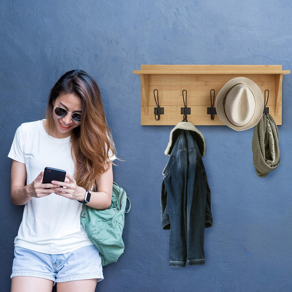 HBCY Creations Rustic Wall Mounted Coat Rack with Shelf - Solid Wood 24" Entryway Shelf with 5 Coat Hangers. Perfect Touch for Your Entryway, Mudroom, Kitchen, Bathroom and More, Bamboo