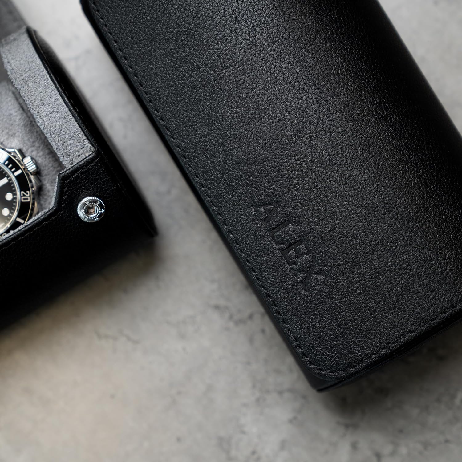 DailyWatch | Personalized Watch Roll Travel Case For 2 Watches - Handmade Genuine Leather Travel Case With Custom Engraving of Name or Initials - Black Grey