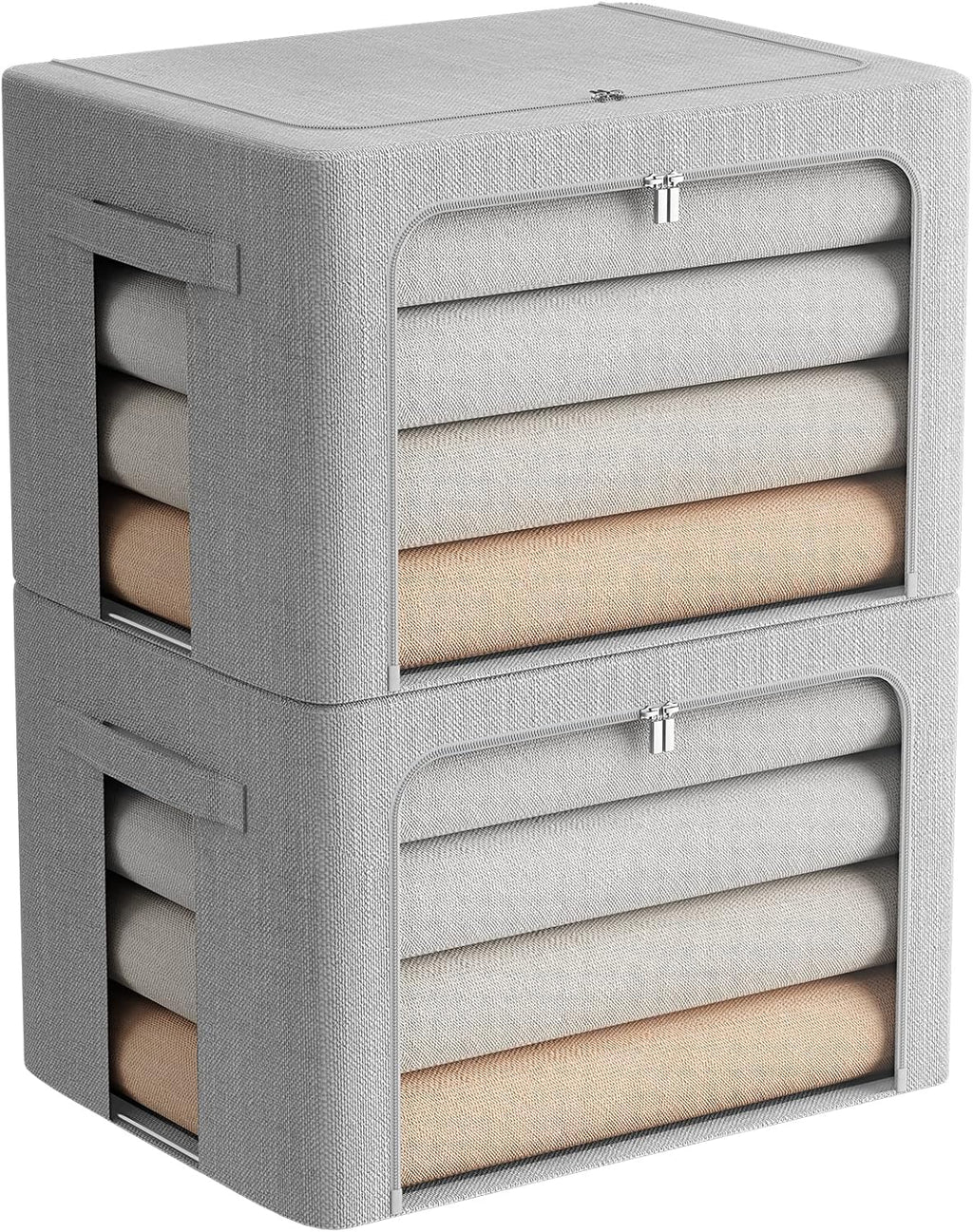FHSQX 2 Pack Clothes Storage Bins Stackable Metal Frame Storage Box Large Capacity Foldable Linen Fabric Box Organizer with Carrying Handles and Clear Window (Light Gray, 19.7x 15.7x 12.6 Inch)