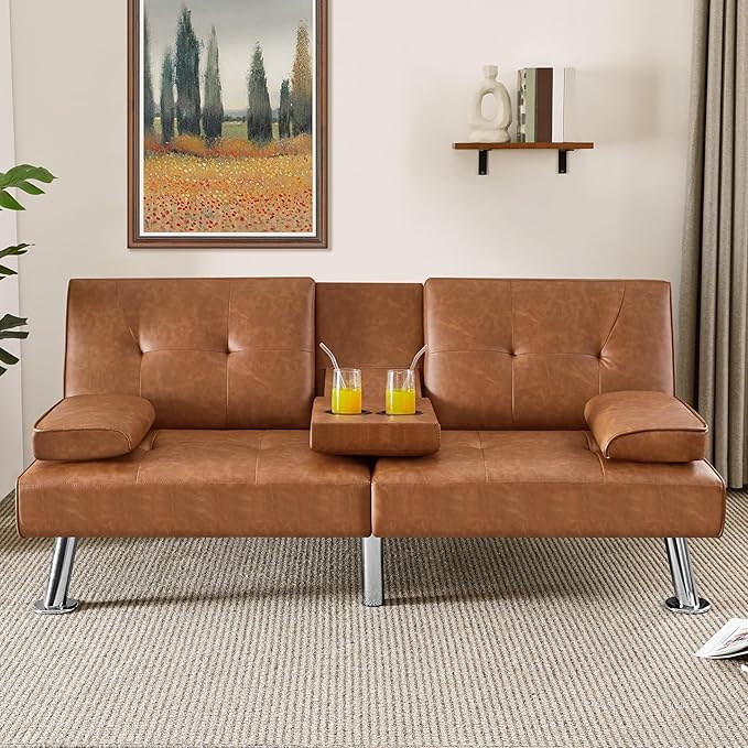 Yaheetech Convertible Sofa Bed Adjustable Couch Sleeper Modern Faux Leather Home Recliner Reversible Loveseat Folding Daybed Guest Bed, Removable Armrests, Cup Holders, 3 Angles, 772lb Capacity, Brown