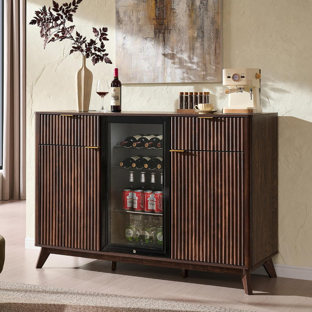 OKD 60" Fluted Coffee Bar Cabinet with Mini Fridge Space, Dark Walnut | Mini Fridge Compatible, Built In Charging Station, 3 Stemware Racks, 2 Drawers, 2 Cabinets, Home Bar Cabinet Storage