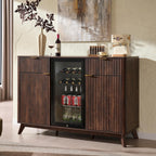 OKD 60" Fluted Coffee Bar Cabinet with Mini Fridge Space, Dark Walnut | Mini Fridge Compatible, Built In Charging Station, 3 Stemware Racks, 2 Drawers, 2 Cabinets, Home Bar Cabinet Storage