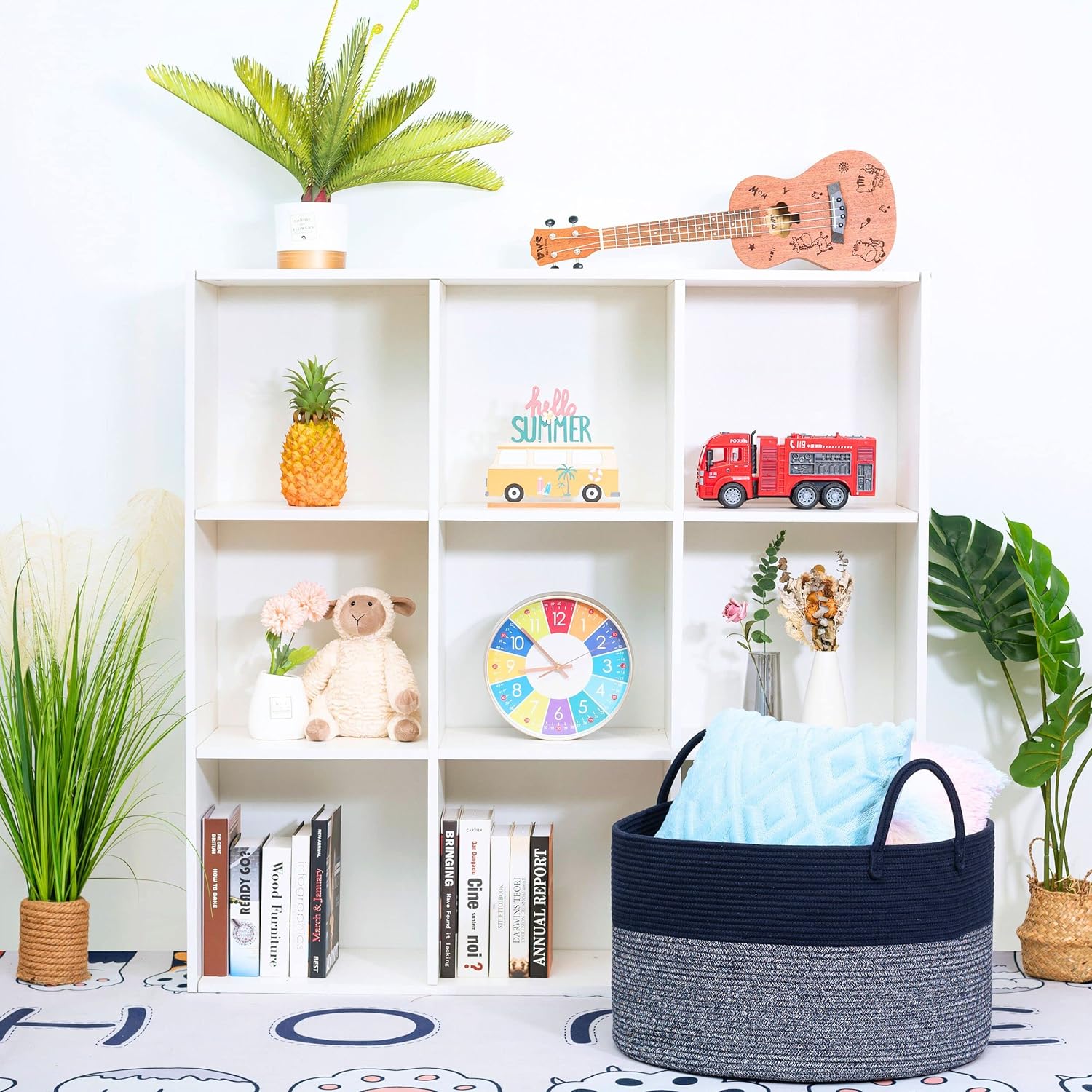 MINTWOOD Design Extra Large 22 x 14in Decorative Woven Cotton Rope Blanket Storage Basket Bin Living Room with Long Handles, Laundry Hamper for Pillows, Pool Towels, Dog Toys, Shoes, Navy Blue