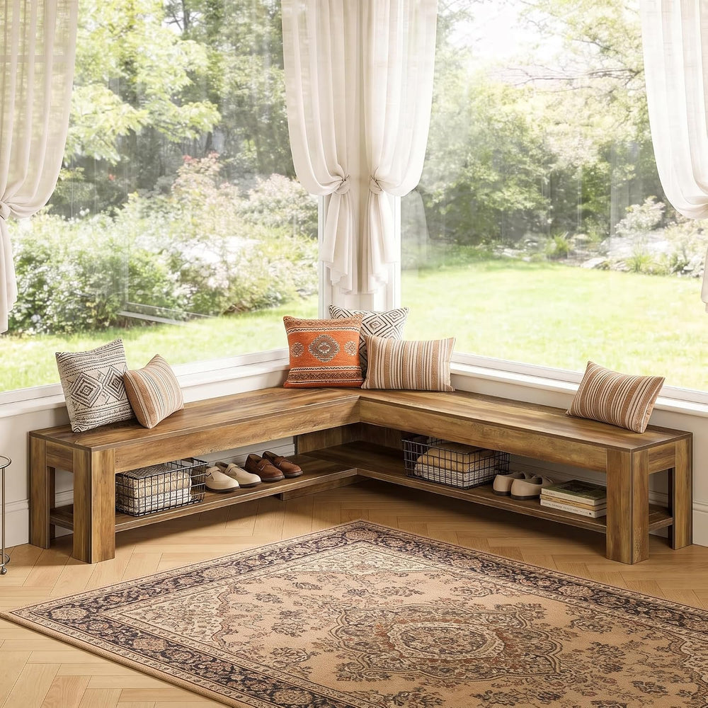 Tribesigns L-Shaped Corner Bench with Storage Shelf, 62.99'' Rustic W...